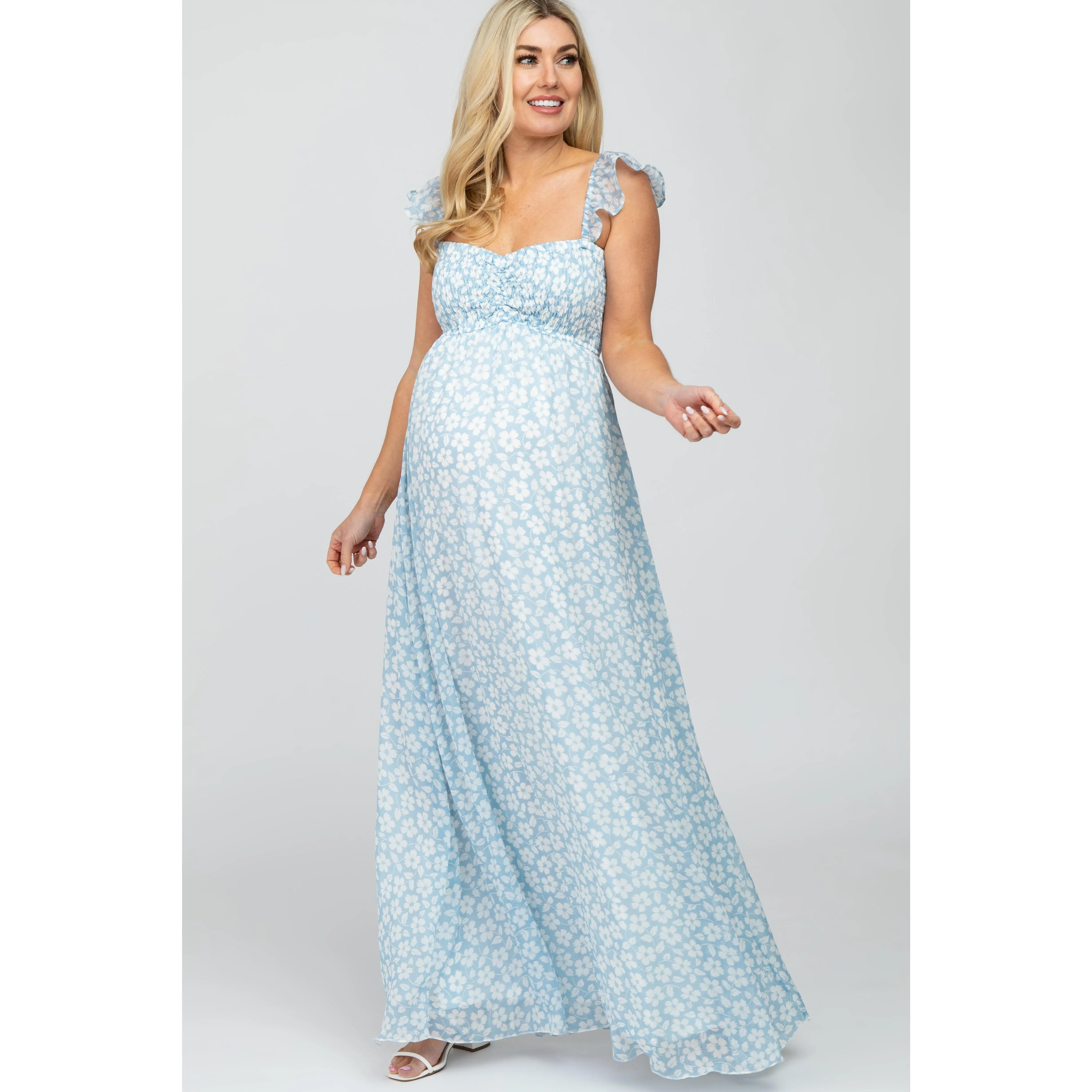 Light Blue Floral Chiffon Sweetheart Neck Off Shoulder Maternity Maxi Dress