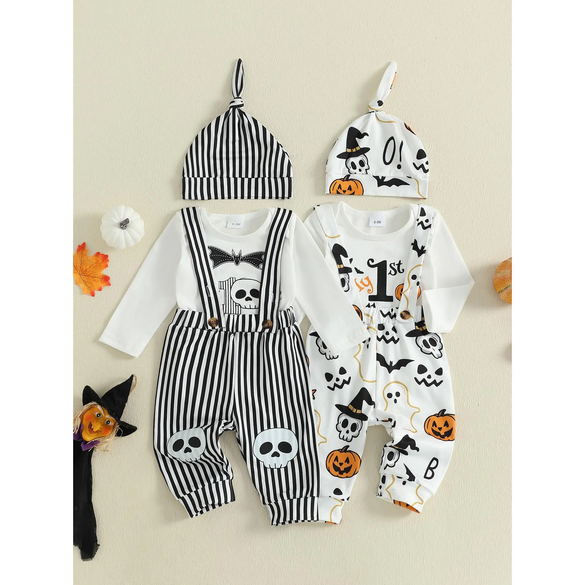 Infant Baby Boy Halloween Clothes Letter Long Sleeve Romper Ghost/Skull Print Supender Pants Hat Outfit 0-18M