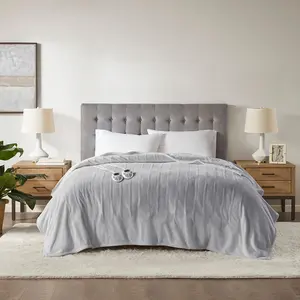King Size Heated Blanket, 2 Heat Controllers, Light Gray Polyester