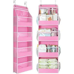 5 Tier Over the Door Organizer, Swing-proof Door Organizer Hanging with Clear PVC Windows, Behind the Door Storage for Bedroom Nursery Closet Laundry Pantry Bathroom, Bubblegum Pink