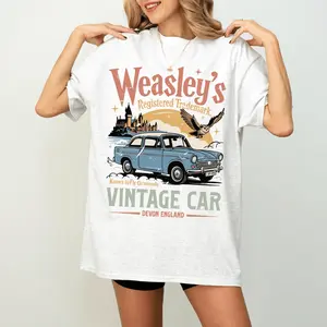 Weasley’s Vintage Flying Car Wizard Shirt Bookish Magical Adventure T Shirt with Retro Car Graphic Fantasy Reader Gift Everyday Cotton T-Shirt