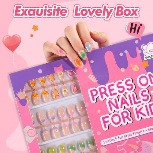 Misssix 78 Pcs Press on Nails for Kids, 3 Pack Kid Fake Nail Kit Cute Press on Nails, Stick On Nails Stuff for Girls 8-12 Years with Nail Glue, Colorful Flower