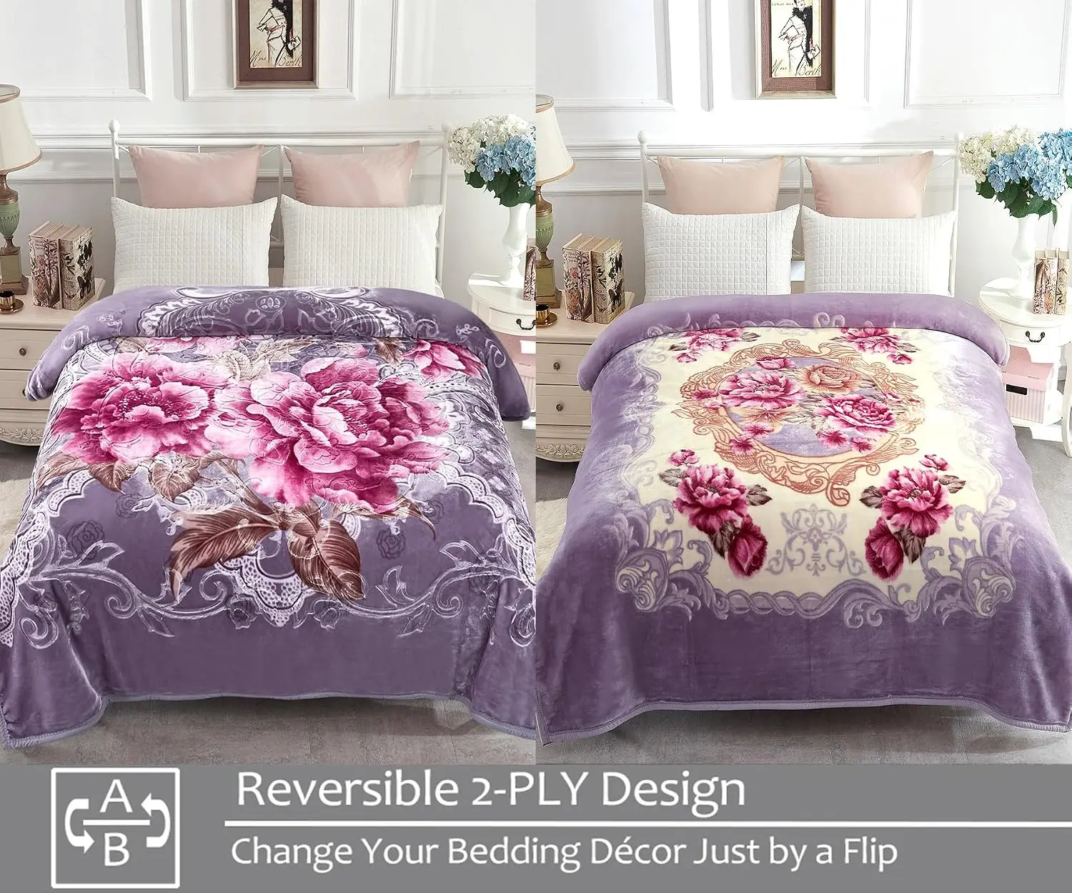 Queen Size Fleece Blanket, 2-Ply 520 GSM Reversible Plush Bed Blanket, Floral Peony Print, Warm Blanket for Bed and Sofa