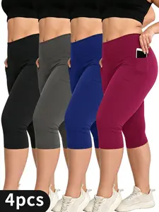 4-pack women’s high-waisted plus-size capri pants—casual and comfortable, soft and breathable, highly elastic stretch waistband, butt-lifting design, athletic fitness leggings summervibes