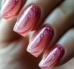 Curvlife medium squoval striped Press On Nails purple glossy shiny patterns prints Easy Apply Nail Art