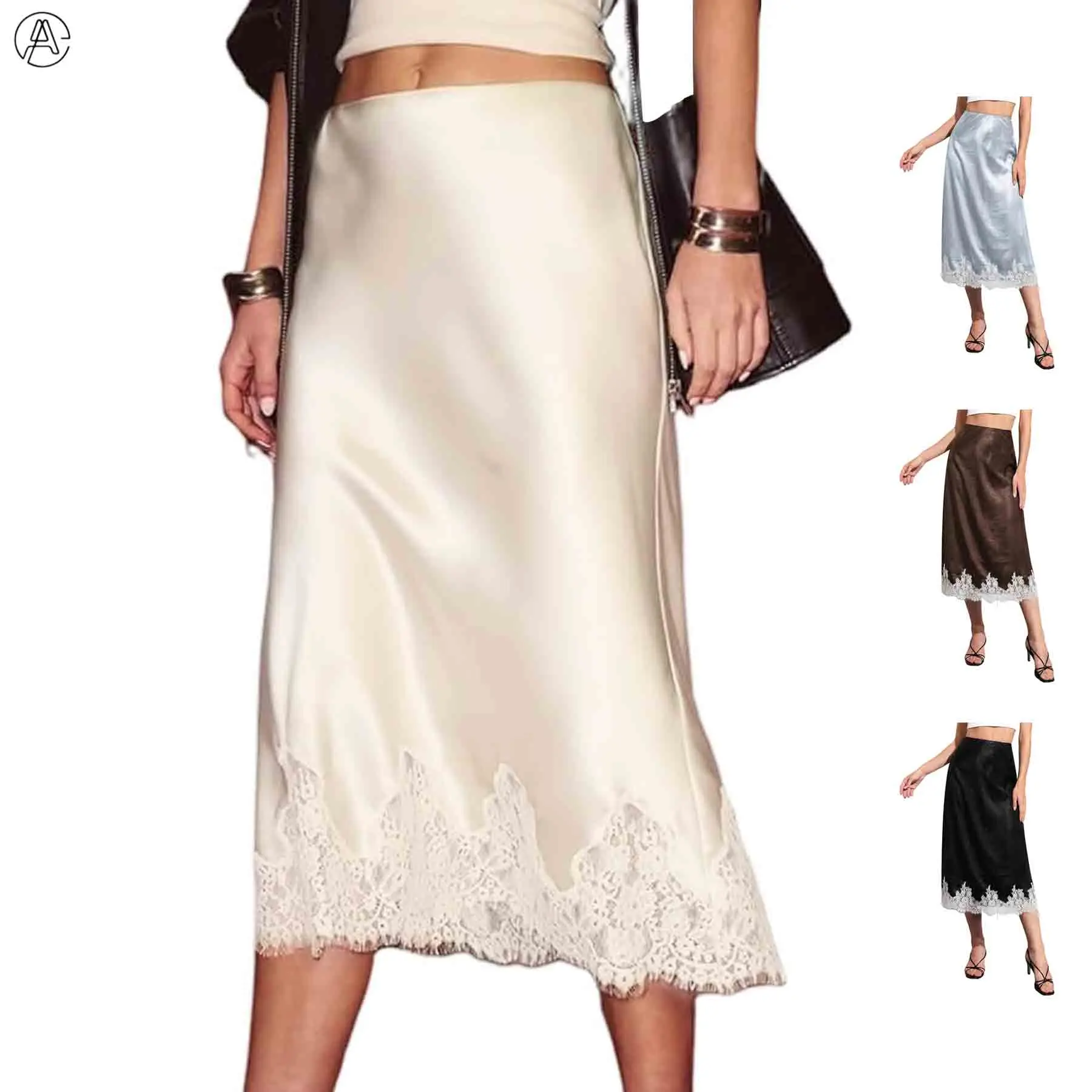 Arssm Lace Trim Satin Midi Skirt – Elegant Elastic Waist A-Line Cocktail Party Skirt for Women, Flowing Silk Style