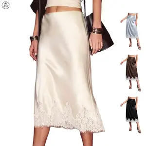 Arssm Lace Trim Satin Midi Skirt – Elegant Elastic Waist A-Line Cocktail Party Skirt for Women, Flowing Silk Style
