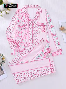 2-piece set with snake skin pattern floral long sleeved pants, Knitted, soft, comfortable, skin-friendly, smooth button closure top, small pocket, elastic waistband, suitable for all seasons home, casual wear, pajamas, Loungewear, Nightwear