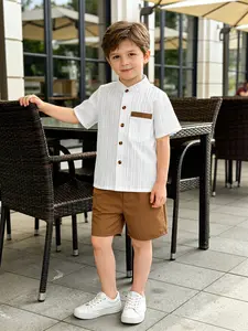 Boys Children Summer Casual Shorts Set Open Front Shirt & Caramel Woven Shorts, Lightweight Comfortable Trendy Athletic Sports Clothing
