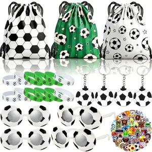 98 Pcs Soccer Party Favors Drawstring Bags ,Wristband, Keychains, Stickers, Sunglasses White Black Framefor Soccer Birthday Party Supplies