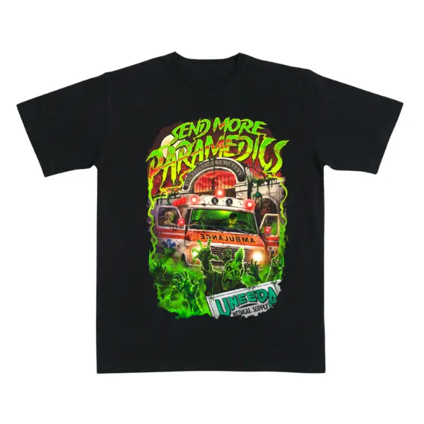 Undead Emergency Rescue Graphic T-Shirt, Neon Ambulance Apocalypse Artwork, Vintage Creature Tee for Men and Women, Halloween and Horror Fan Gift
