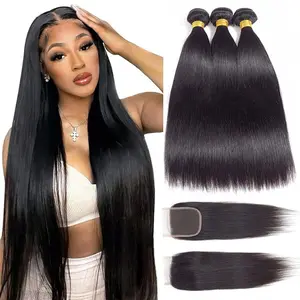 Straight hair bundles with front human hair, 10A grade Brazilian human hair, 3 bundles of hair, with 4x4 lace frontal, free parting, 100% unprocessed virgin hair straight weave