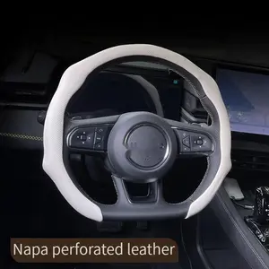 5D Steering Wheel Cover Nappa Leather Ultra-Thin Quick Turn Non-Slip Breathable All-Season Use for Modern Drivers White Leather Red Stitching Automotive universal fit