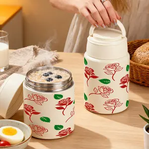 1pc 27/17oz Insulated Food Jar with Elegant Red Rose and Green Leaf Pattern, Lunch Vacuum Soup Thermos For Hot Food with Inserts Stackable Bento Box Storage Container,Width Mouth Stainless Steel Portable Insulat