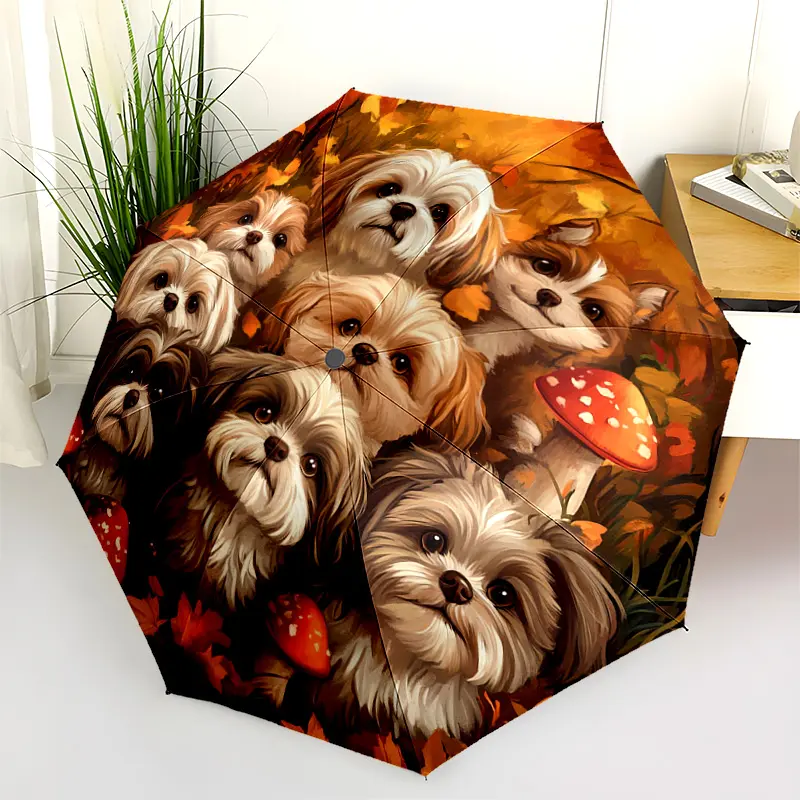 1 PC Automatic Folding Umbrella - Autumn Dogs with Mushrooms Pattern, Portable & Foldable Design with 8 Ribs, Merry Christmas Pattern,Casual Outdoor Accessory Halloween and Christmas Birthday Gifts. A0046