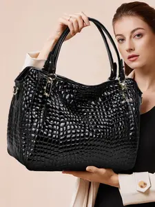 Women's Business Style Crocodile Embossed Handbag, Solid Color Large Capacity Bag, Fashionable Handbag for Work & Travel, Leather Handbag