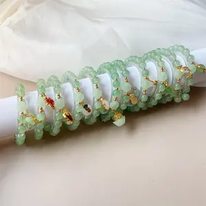 15pcs Chinese Style Green Crystal Bracelet for Women, Green Beaded Multi-Layer Lucky Bracelet with Peace Fortune Charms, Oriental Aesthetic Handmade Jewelry for Daily Wear