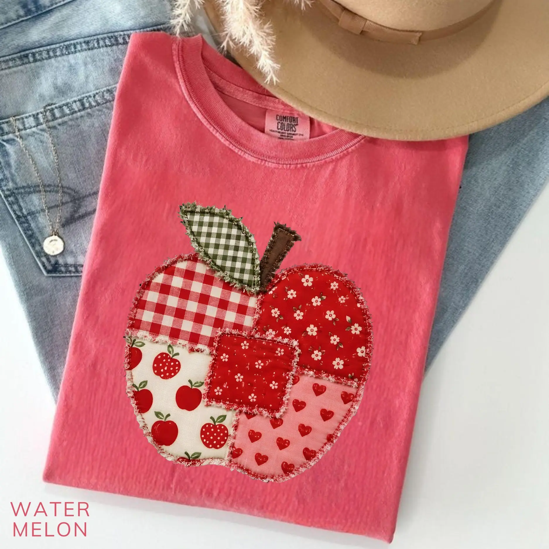 [PRINT] Comfort Colors Faux Patchwork Apple Teacher T-Shirt, Back to School Tee, Spring Faculty Team Graphic Top, Cute Printed Teacher Appreciation Gift, Retro Classroom Crew Apparel, Teacher Gift