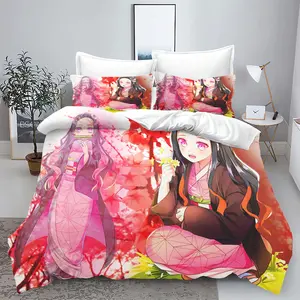 Nezuko Kamado Duvet Cover Set, Demon Slayer Bedding, 3D Printed with Pillowcases, Soft and Comfortable Breathable Polyester, Anime Theme, All-Season Zipper Closure, Machine Washable, Home Decor (Duvet Insert Not Included)