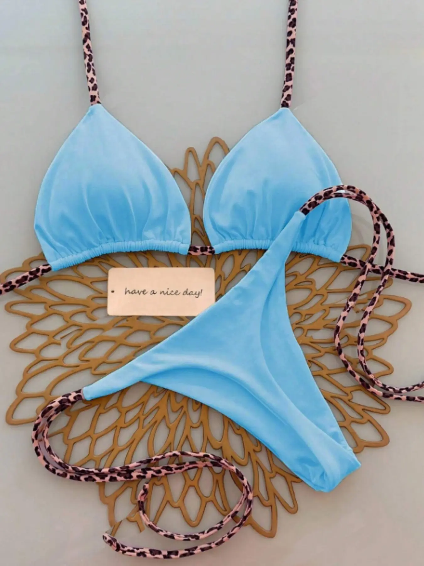 Leopard Print Thong Beachwear Swimsuit Set, Sexy Wireless Bra, Plain Pattern, Fashionable Two-Piece Bikini Swimsuits, Mainland China Origin, Swimwear Set, Bikini Sets, Seductive Swimwear Set