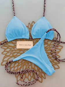 Leopard Print Thong Beachwear Swimsuit Set, Sexy Wireless Bra, Plain Pattern, Fashionable Two-Piece Bikini, Mainland China Origin