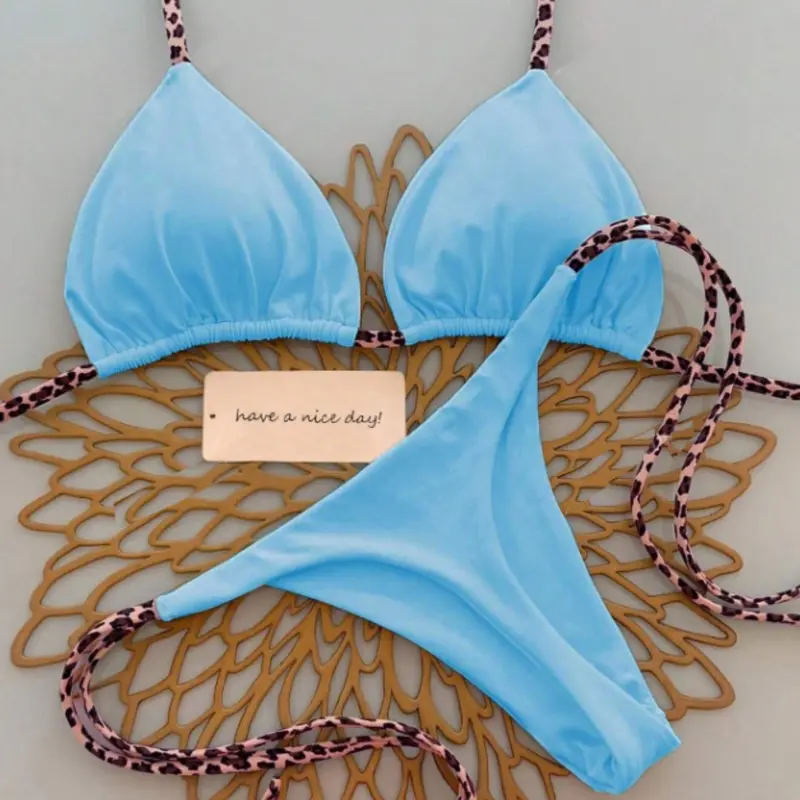 Leopard Print Thong Beachwear Swimsuit Set, Sexy Wireless Bra, Plain Pattern, Fashionable Two-Piece Bikini Swimsuits, Mainland China Origin, Swimwear Set, Bikini Sets, Seductive Swimwear Set