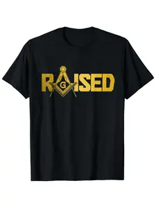 Men's Vintage Masonic Compass T-Shirt-Black cotton round neck with bold "RAISED" pattern, short sleeves, all seasons, Masonic design, moisture-wicking, classic fit, outdoor activities, Christmas Eve, Halloween, Black Friday, for students