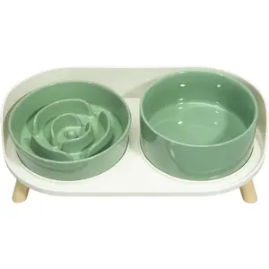 Elevated Slow Feeder Dog Bowl - Ceramic Food and Water Bowl Set with Stand, Suitable for Small to Medium Dogs