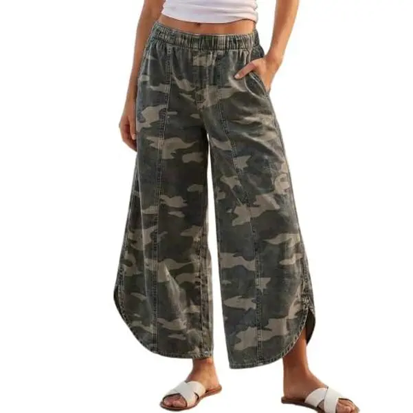 CHARTOU Women's Y2k Wide-Leg Baggy Flared Boyfriend Jeans - Elastic Waist, Tulip Hem, Pockets, Lightweight Camouflage Denim, Casual Cropped Bottoms for Beach Everyday Wear