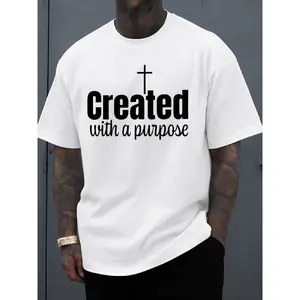 "Created With Purpose" Print, Graphic T-Shirt , Crew Neck, Regular Fit, Short Sleeve, Slight Stretch Fabric Fashion And Trendy, loose, Perfect For All-Season And Casual Wear, By Greenink short-sleeved men soft cotton