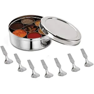 Stainless Steel Spice Box Without Lid,Stainless Steel Masala Box,Indian Spice Box with 7 Spice Containers and Spoons