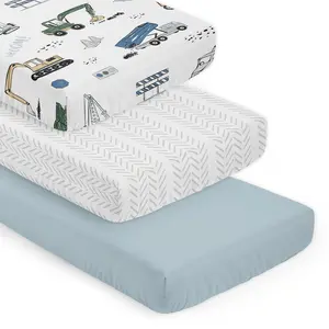 Sweet Jojo Designs 3-Piece Baby Crib Sheets Set (Construction Truck) for Boys, Infant Nursery, Toddler Room - Fitted, Standard Size (White/Grey Tire Track, Solid Blue & Transportation Zone Vehicles)
