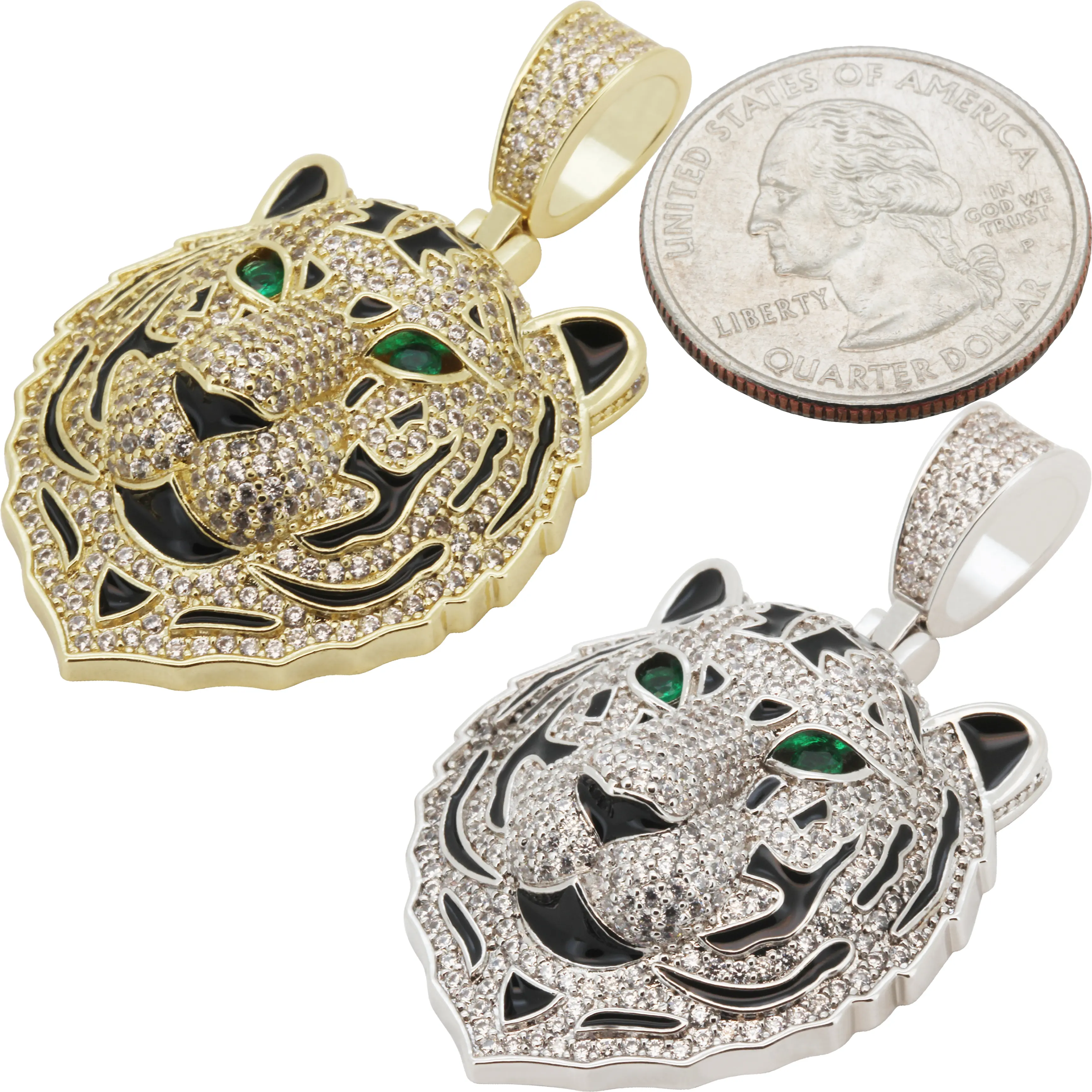 14k Yellow/White Gold Plated AAA Cubic Zirconia Tiger Head Pendant
