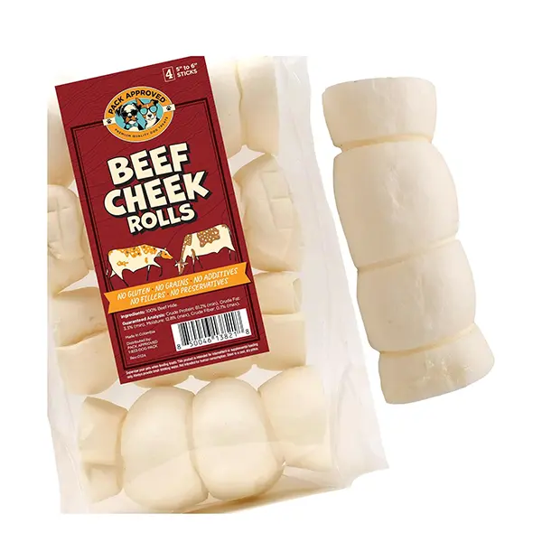 Natural Beef Cheek Rolls for Dogs, Odor-Free Long-Lasting Beef Hide Chews, 5–6 Inch Medium Dog Treats, 4-Pack