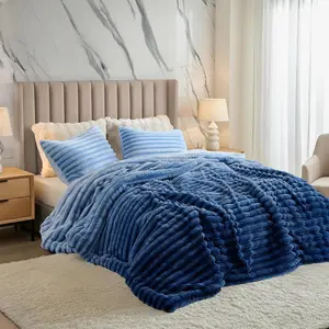 Cuddly Ribbed  Comforter Set  Size, Super Soft Plush Fleece Bedding Set, Warm Fuzzy Comforter with Matching Shams, -Season Cozy 3- Bed Set, Blue Ombre