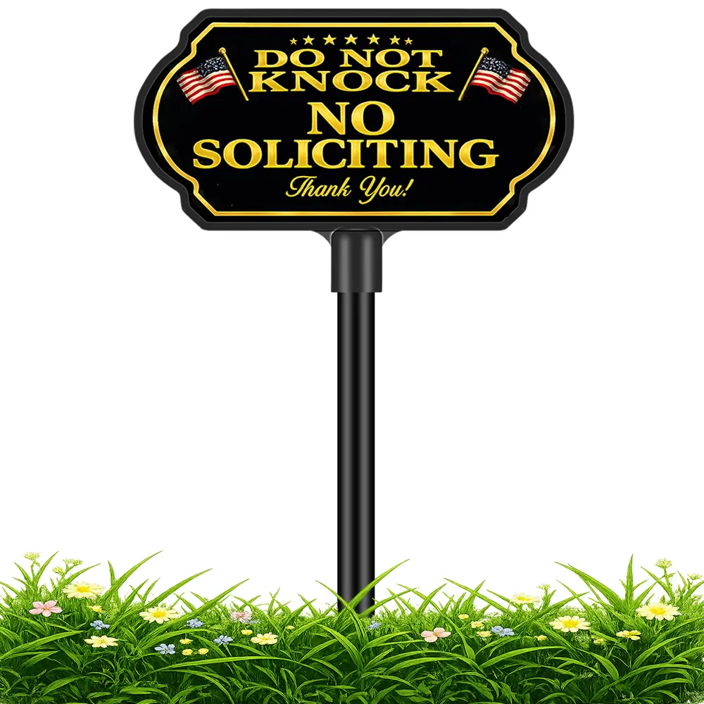 No Soliciting Sign for House and Yard with Adjustable 37 Inch Metal Stake 10 x 5 Inch Heavy Duty 40 Mil Aluminum Do Not Knock Sign Weatherproof UV Resistant Outdoor Sign for Home Lawn Wall Fence and Gate