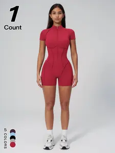 Women's Sporty Half-Zip Mock Neck Shapewear Short Sleeve Shorts Jumpsuit, Casual Slim-Fit Below the Knee for All Seasons
