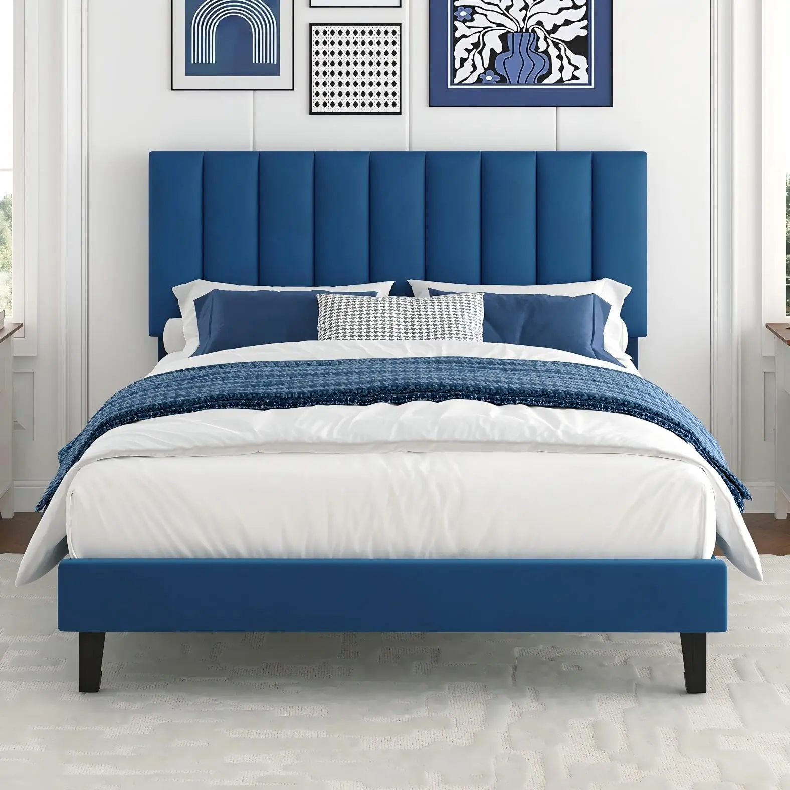 Garvee Full Size Bed Frame, Velvet Upholstered Platform Bed with Adjustable Vertical Channel Tufted Headboard, No Box Spring Needed, Easy Assembly, Navy Blue