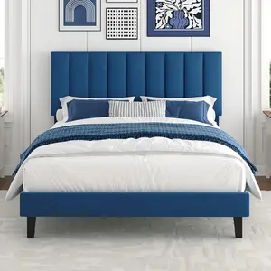 Garvee Full Size Bed Frame, Velvet Upholstered Platform Bed with Adjustable Vertical Channel Tufted Headboard, No Box Spring Needed, Easy Assembly, Navy Blue