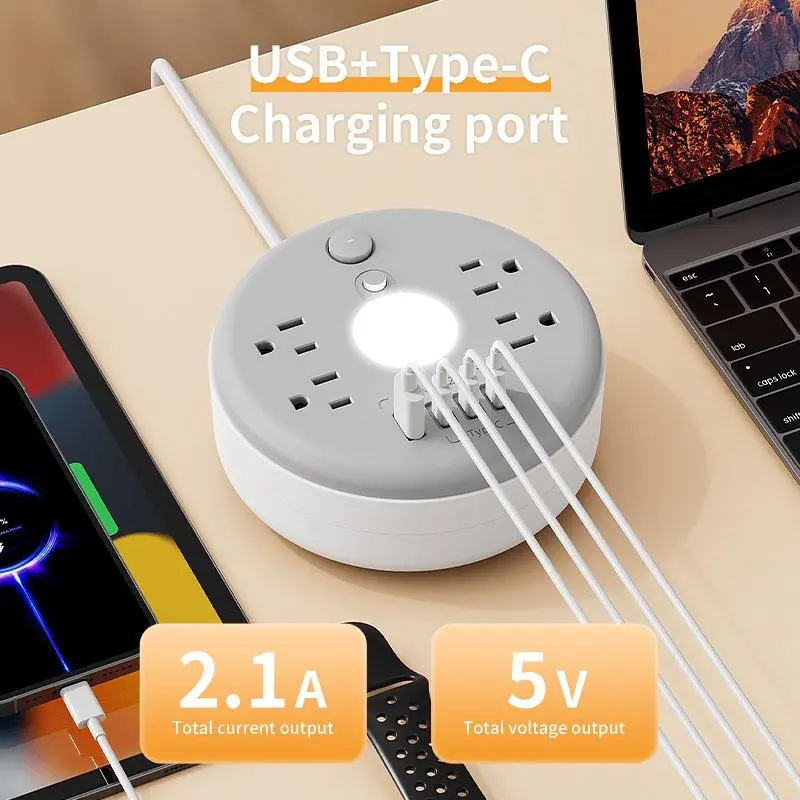 Round Power Strip Charging Station – 4 AC Outlets & 1 USB Ports& 3TypeC, Built-in Night Light, 1.8M Long Cord, 110V US Plug, Ideal for Home, Office and Dorm Use,Hotel & Dormm, perfect travel companion