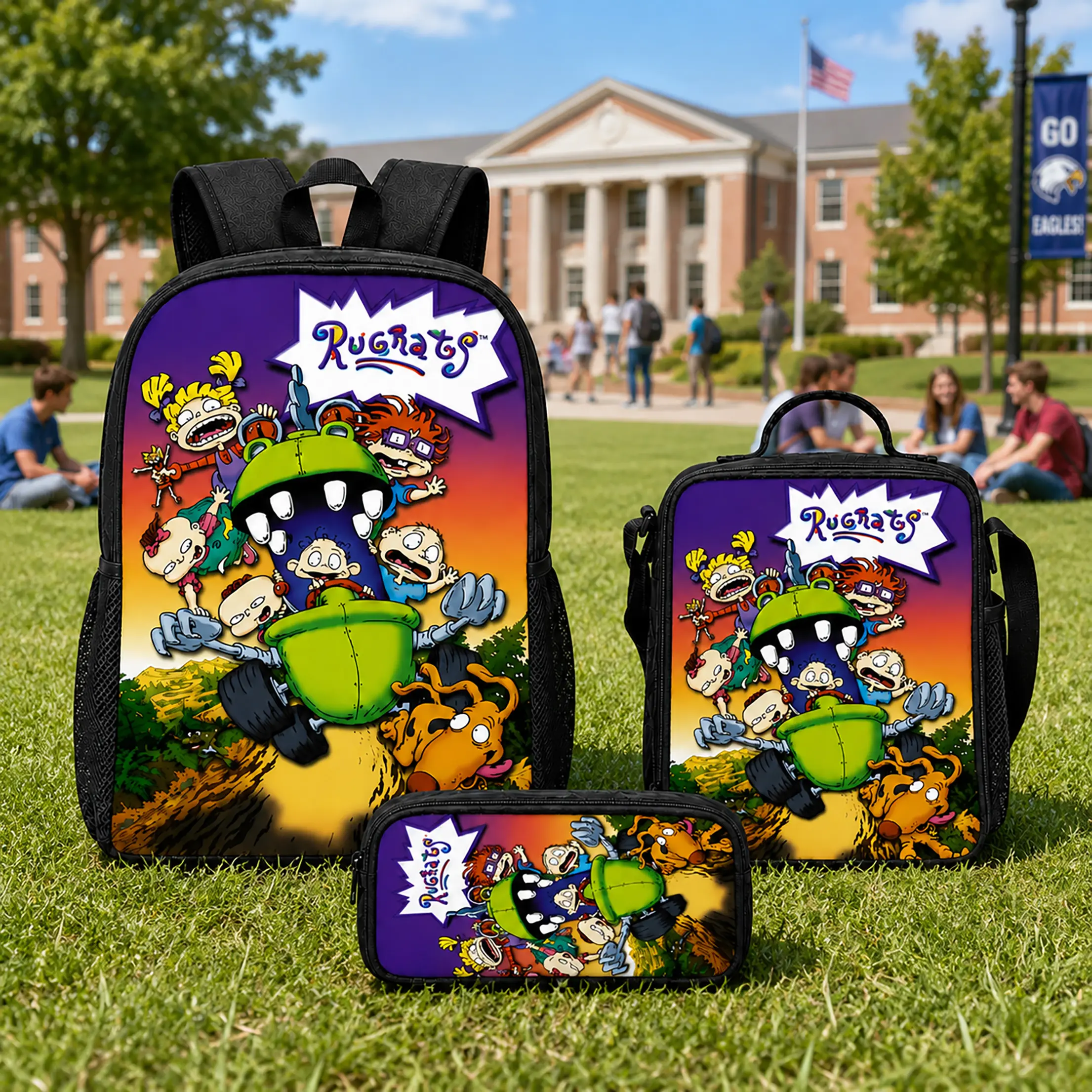 Rugrats Backpack Set 3Pcs Polyester School Bag Lunch Bag Pencil Case Cartoon Print Large Capacity Lightweight Back To School Travel Daypack Gift For Kids Boys Girls Teens Students