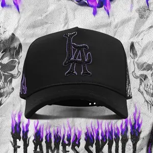 Nijayotehats Flames Skull Morada Negra Hat with LA Logo and Purple Flames Design for Stylish Outfits