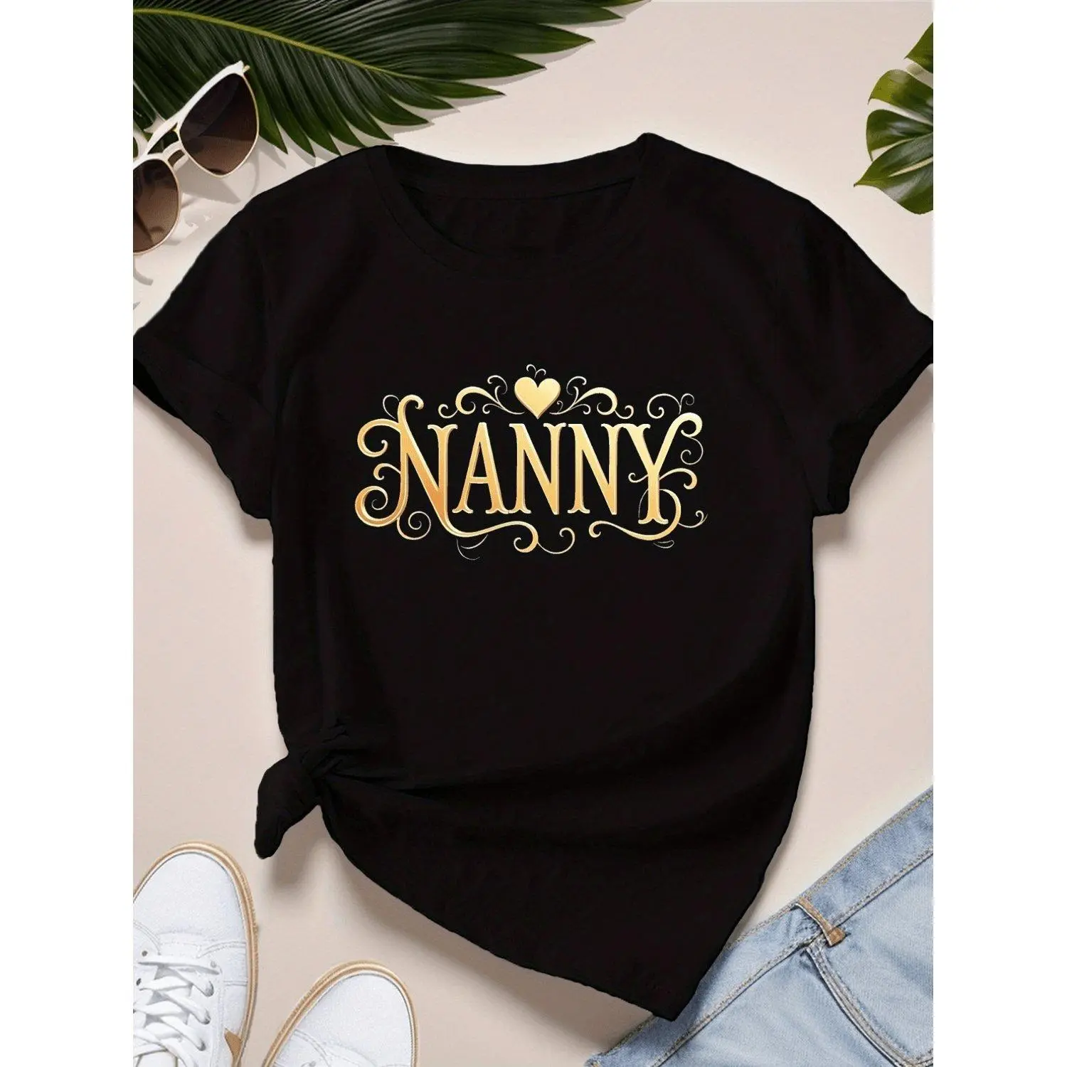 Plus Size Plus Size Plus Size nanny Text Design Breathable Summer casual Top for Nannies caregivers Moms Machine Washable Trendy T shirt