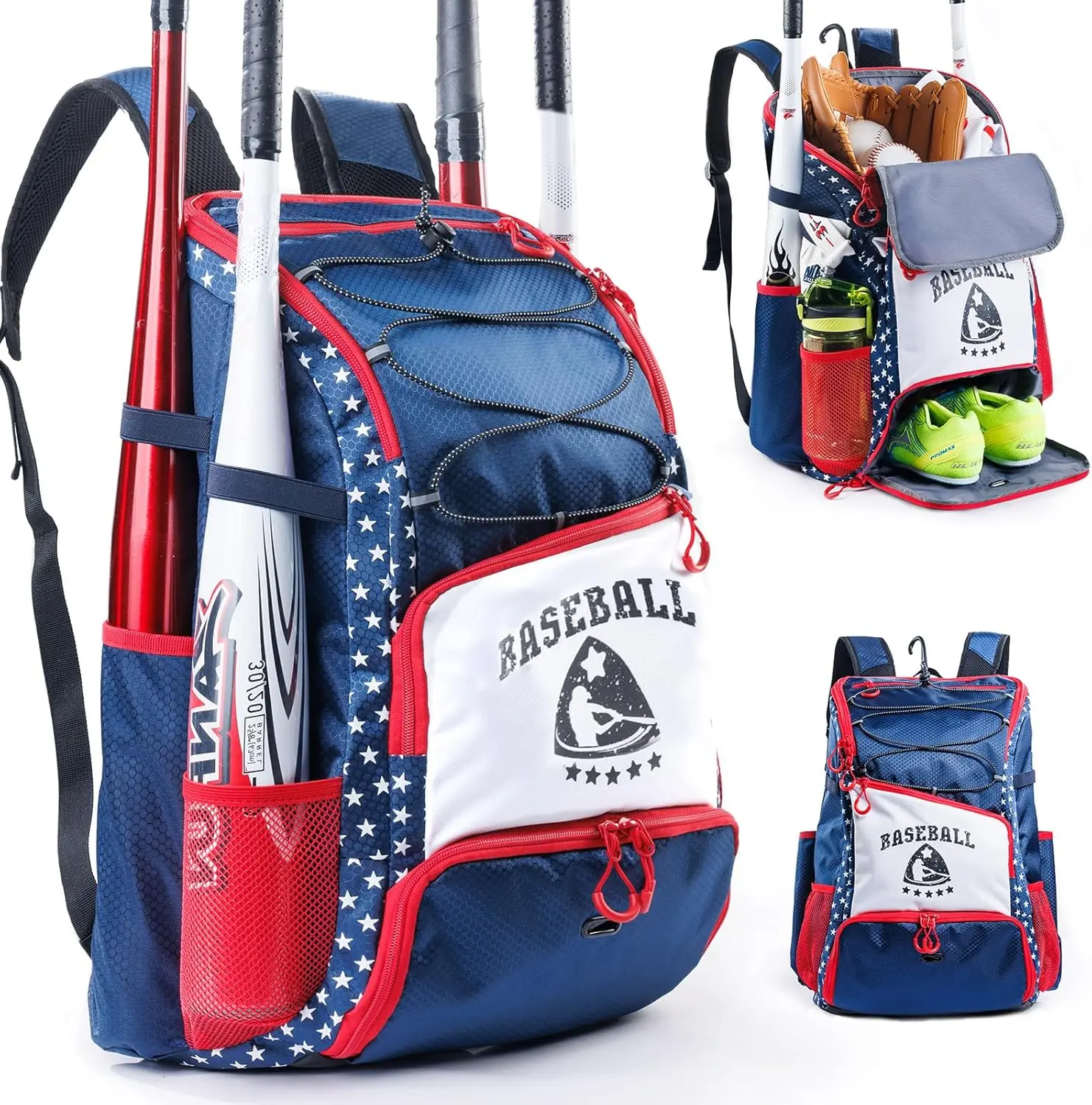 Baseball Bag for Youth & Adult with 4 Bat Sleeves - Softball Bat Bag with Shoe Compartment - Baseball Backpack for T-Ball, Softball Equipment, Baseball Gear, Baseball Bags for Boys 8-12
