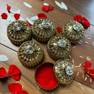 Golden Metal Kumkum Holder with Bead Embellishments | Sacred Sindoor Dabbi for Weddings, Poojas, Festivals | Timeless Gift of Devotion