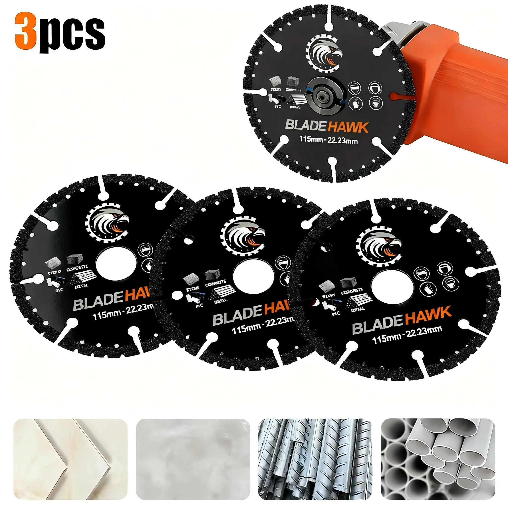 BLADEHAWK 3PCS Multi-Material Diamond Cutting Blades for Angle Grinder, 4.5 Inch 115mm and 5 Inch 125mm Brazed Saw Blades for Tile Metal Stone Plastic