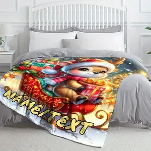 1pc Personalized Christmas Glow Deer HD Printed Flannel Throw Blanket - Custom Name Cozy Lightweight Fleece