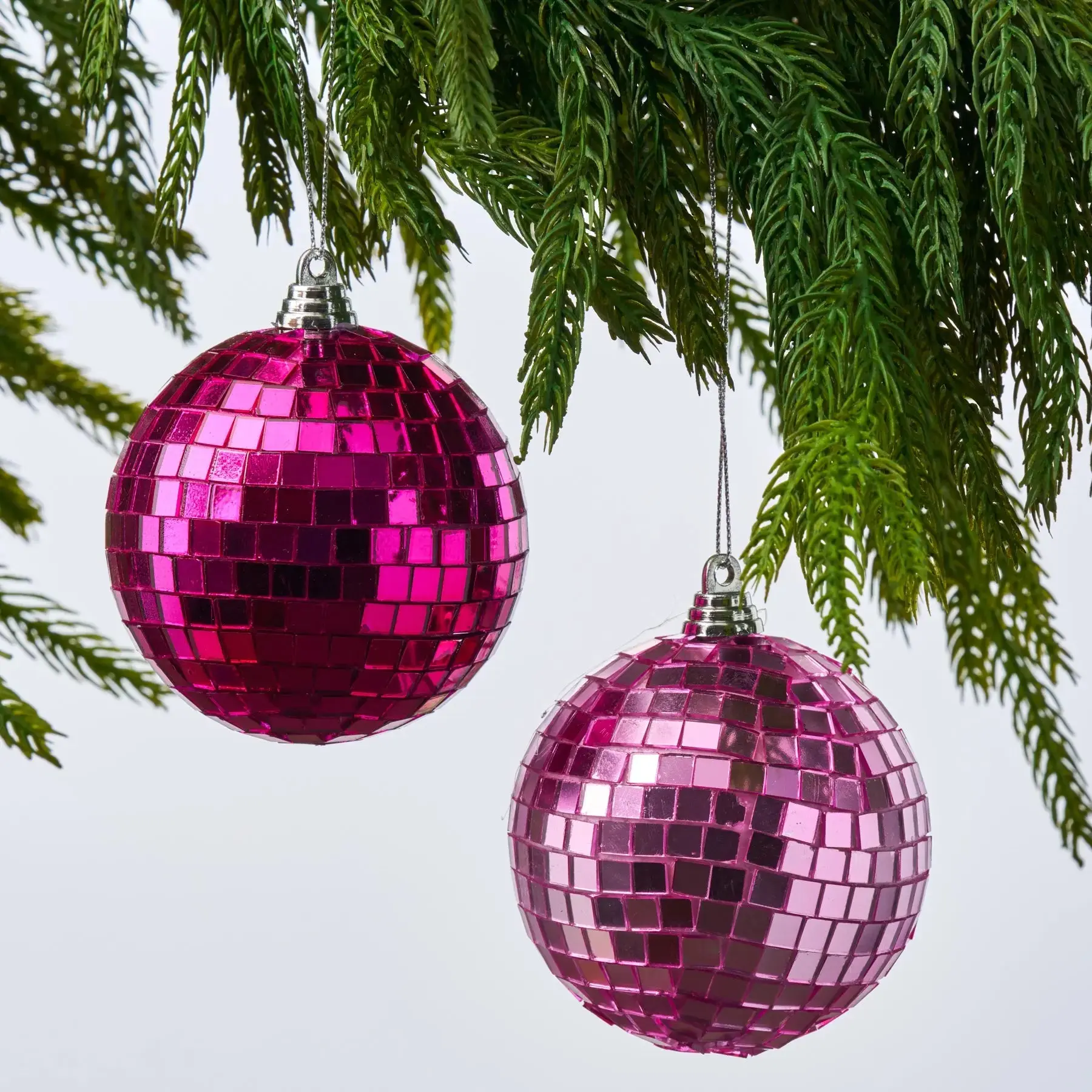 Pink Mirrored Glass Disco Ball Christmas Ornament Hanging Holiday Party Decor - Set of 2