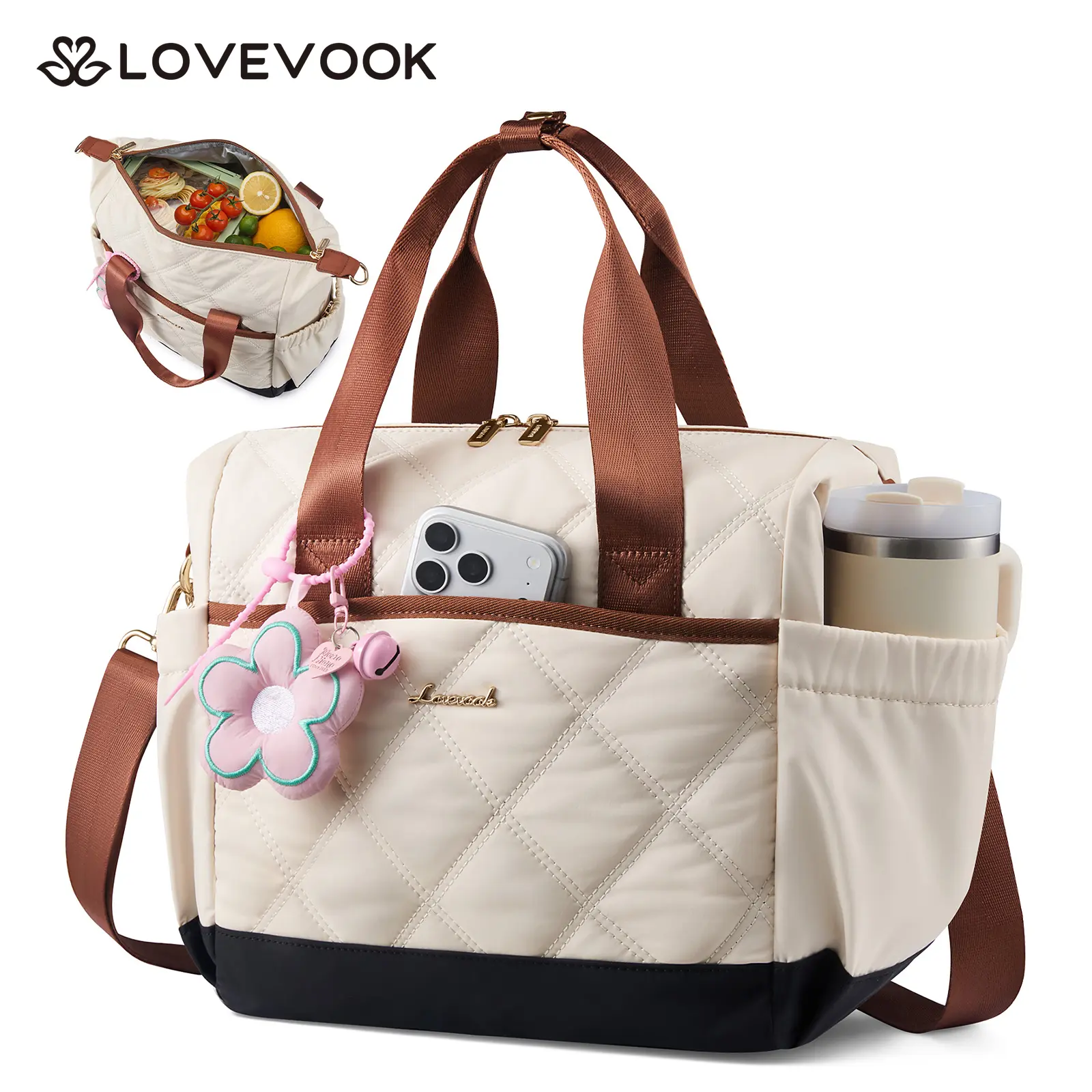 LOVEVOOK Insulated Lunch Bag Women, Adult Lunch Box for Women Work, Large Leakproof Cooler lunch Bags for Picnic Beach Family College, Lunch Teacher Tote Bag with Adjustable Shoulder Strap Cup Holder
