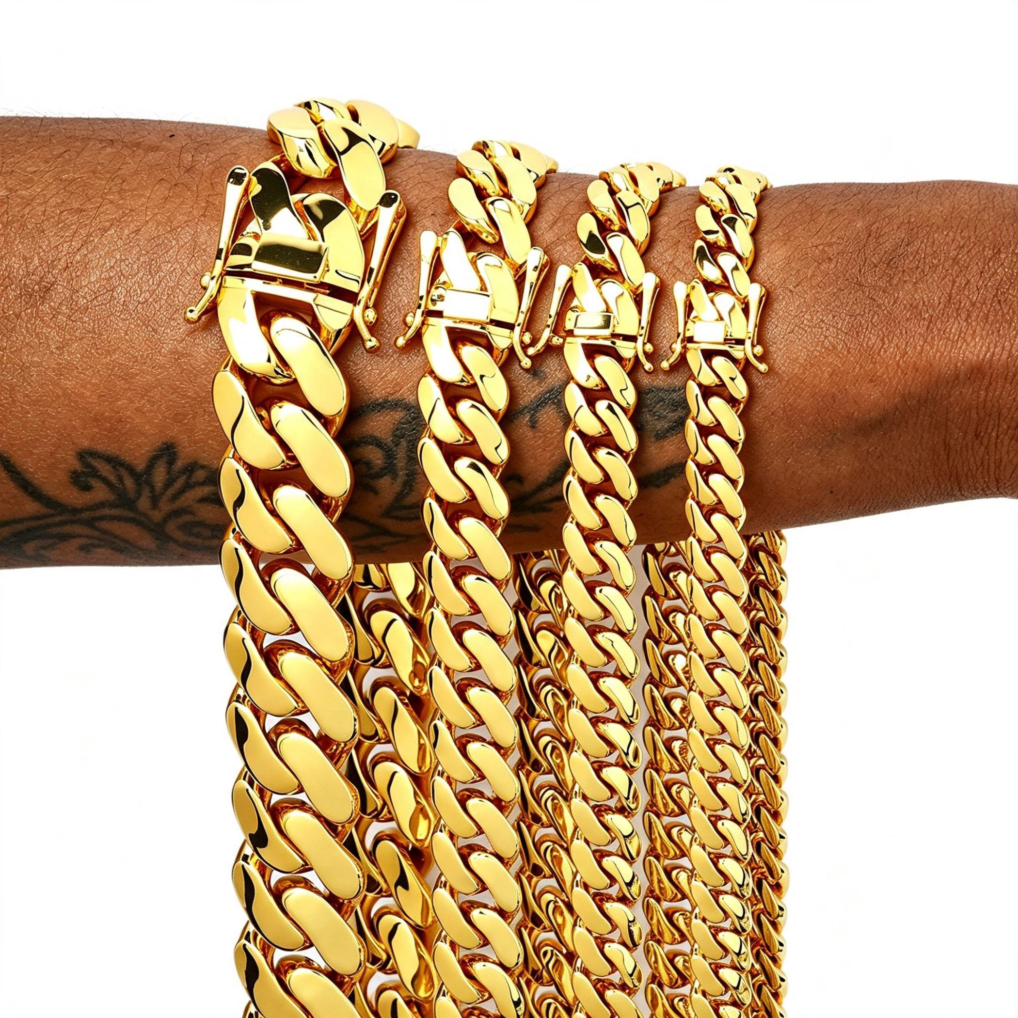 Men's 14K Gold Plated Cuban Link Chain Bracelet, Heavy Solid Miami Cuban Jewelry, Stainless Steel Waterproof No Tarnish Bracelet, Hip Hop Streetwear Jewelry Gift,High Quality Jewelry Bracelet